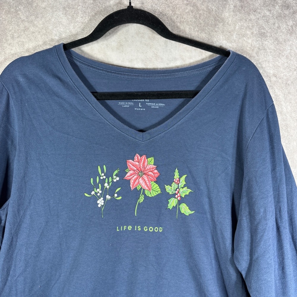 Life is Good Crusher Tee Womens Large Blue Poinsettia Mistletoe Holly V-Neck LS - Picture 2 of 7